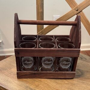 Rustic Vintage Wooden Beer Glass Carrier with 6 Glasses